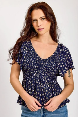 Ditsy Flutter-Sleeve Smocked Babydoll Top