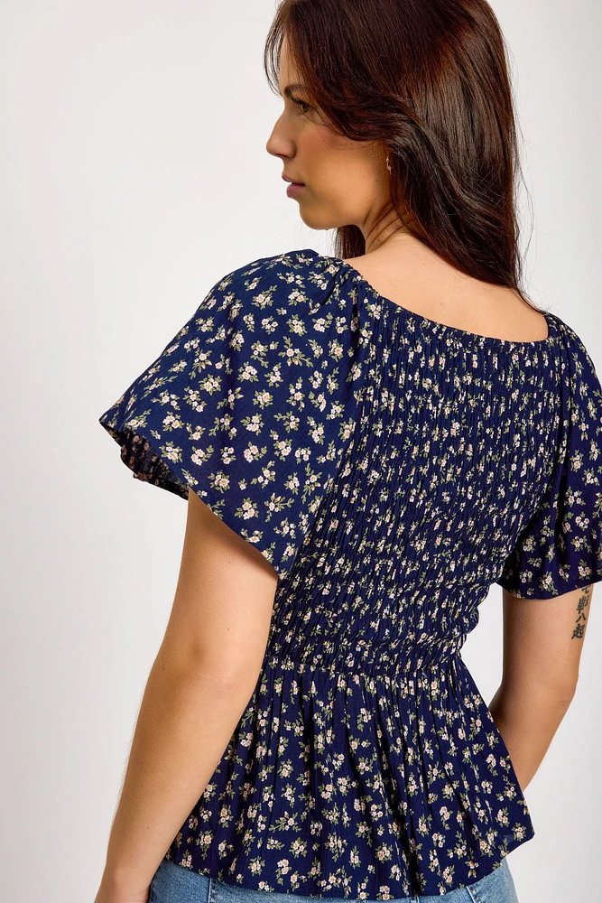 Ditsy Flutter-Sleeve Smocked Babydoll Top