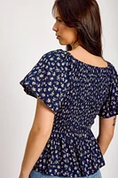 Ditsy Flutter-Sleeve Smocked Babydoll Top