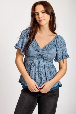 Floral Flutter-Sleeve Babydoll Top with Twisted Bust