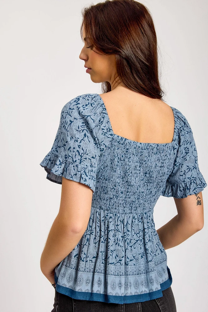 Floral Flutter-Sleeve Babydoll Top with Twisted Bust