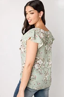 Flutter-Sleeve V-Neck Blouse with Twisted Hem