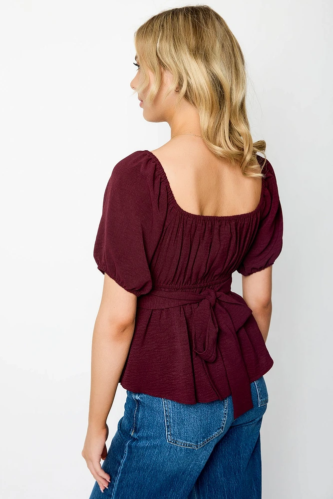 Airflow Short-Sleeve Tie-Back Peasant Top