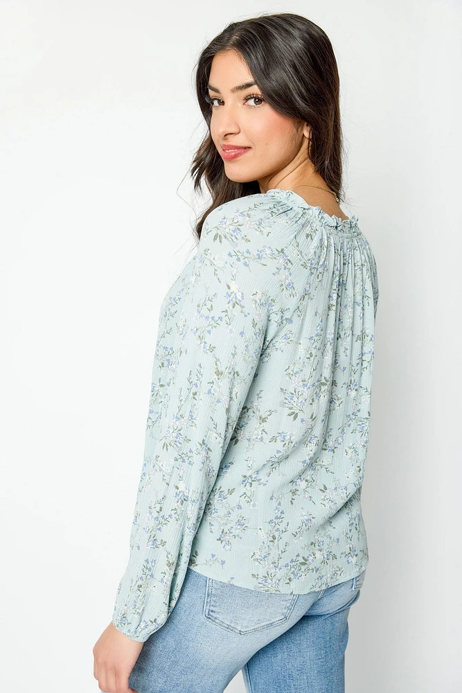 Floral Long-Sleeve Blouse with Lace Trim