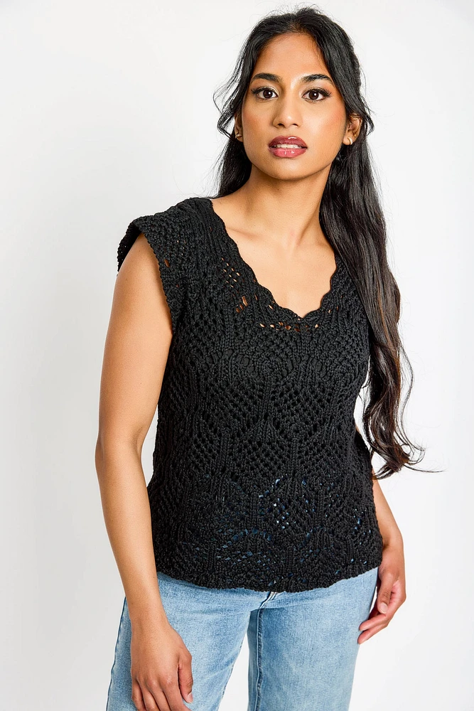 Crochet Cap Sleeve V-Neck Sweater