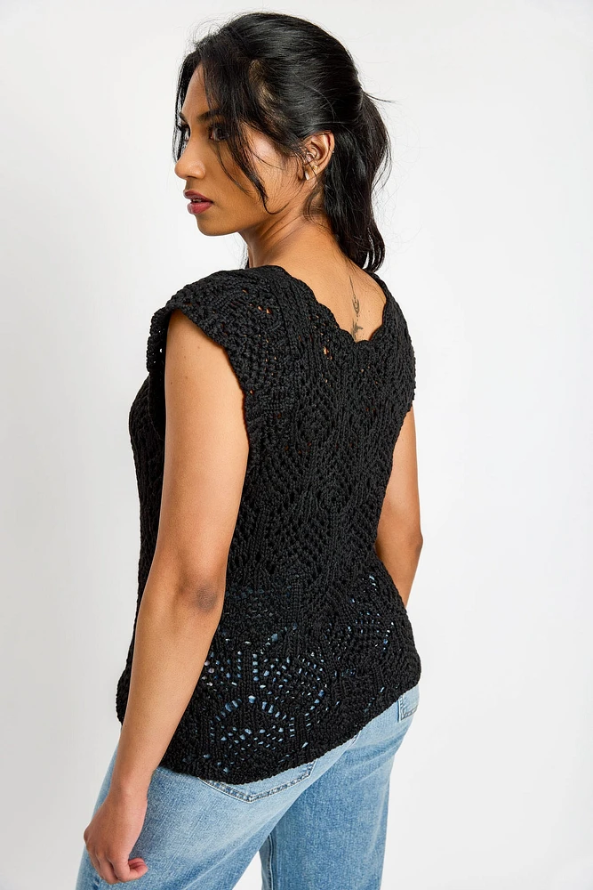 Crochet Cap Sleeve V-Neck Sweater