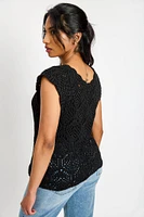 Crochet Cap Sleeve V-Neck Sweater