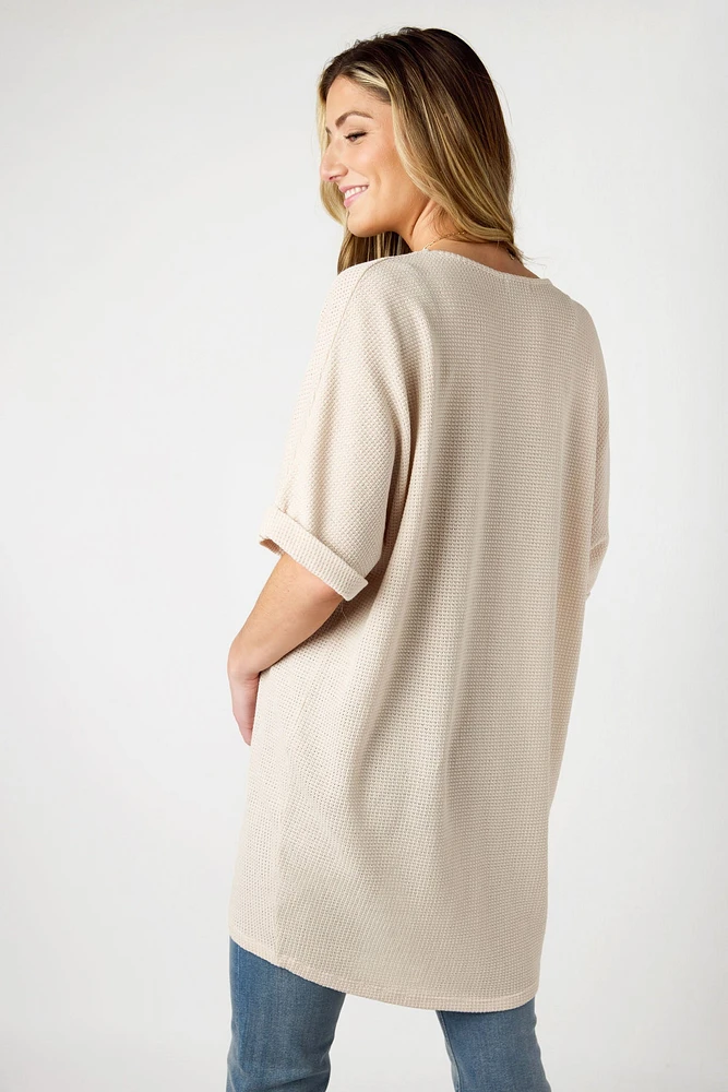 Waffle Knit Short Sleeve Cocoon Cardigan