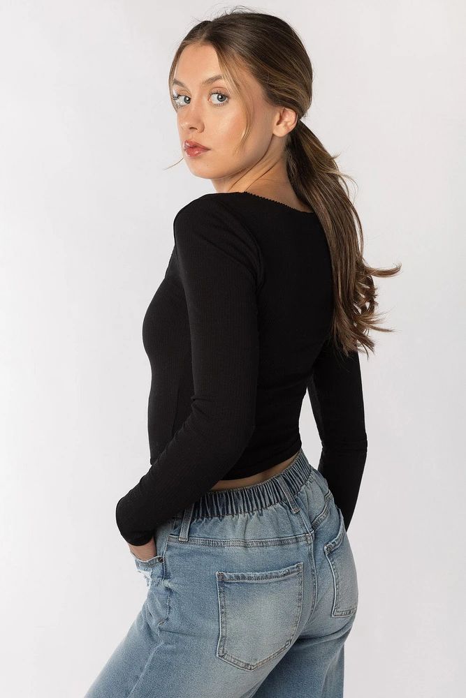Ribbed Long Sleeve Scoopneck with Bow