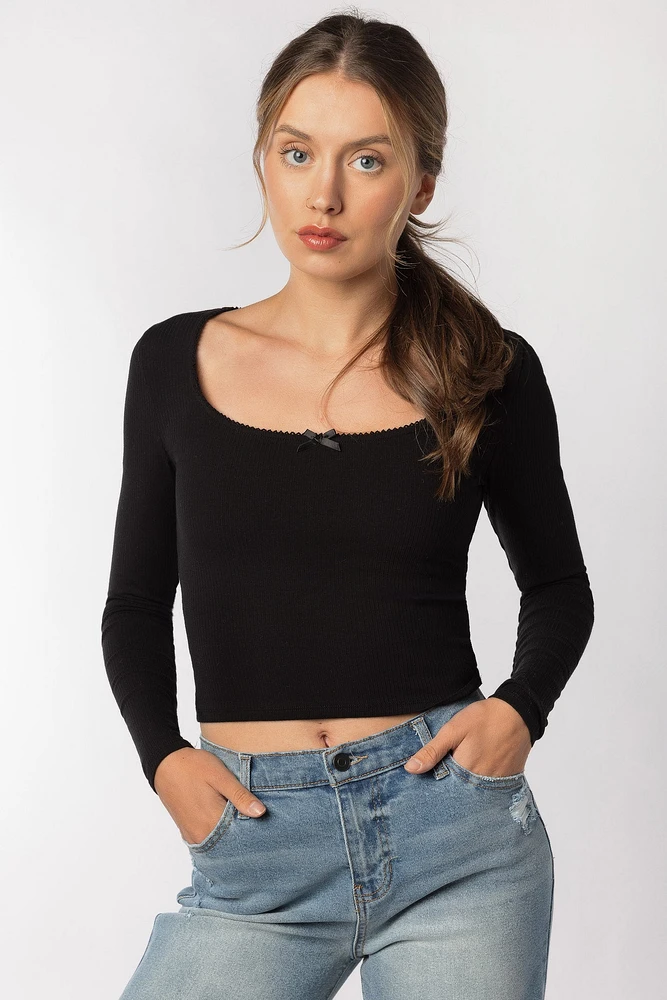 Ribbed Long Sleeve Scoopneck with Bow