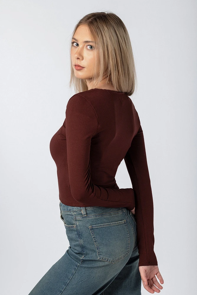 Ribbed Long Sleeve Scoopneck with Bow