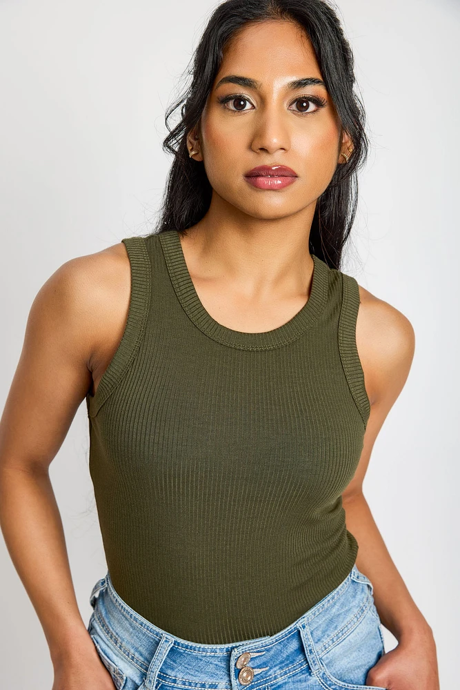 Ribbed High-Neck Long-Length Tank Top