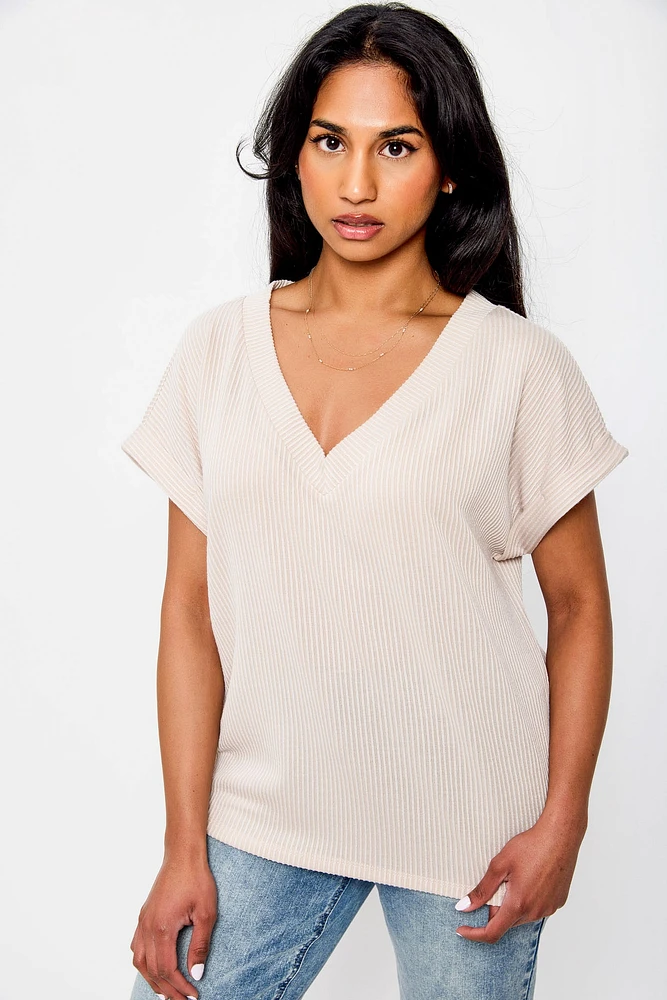 Ribbed Short-Sleeve V-Neck Tee