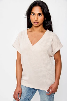 Ribbed Short-Sleeve V-Neck Tee