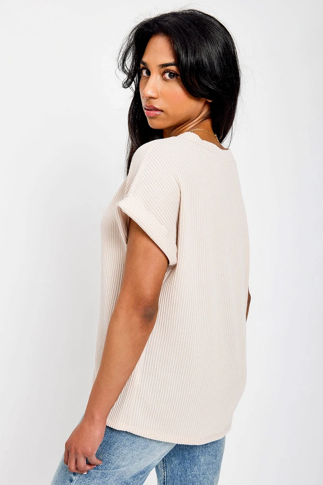 Ribbed Short-Sleeve V-Neck Tee