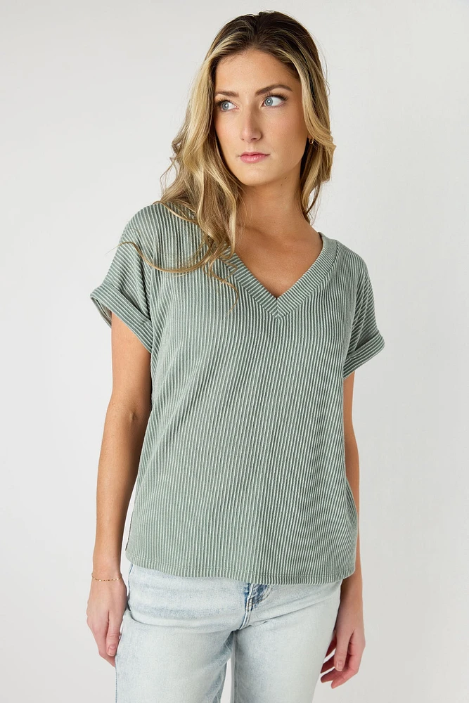 Ribbed Short-Sleeve V-Neck Tee