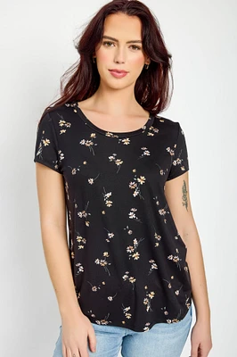 Daisy-Print Cap-Sleeve Scoop-Neck Top