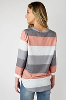 Striped 3/4 Sleeve Scoop-Neck Shirt with Shirttail Hem