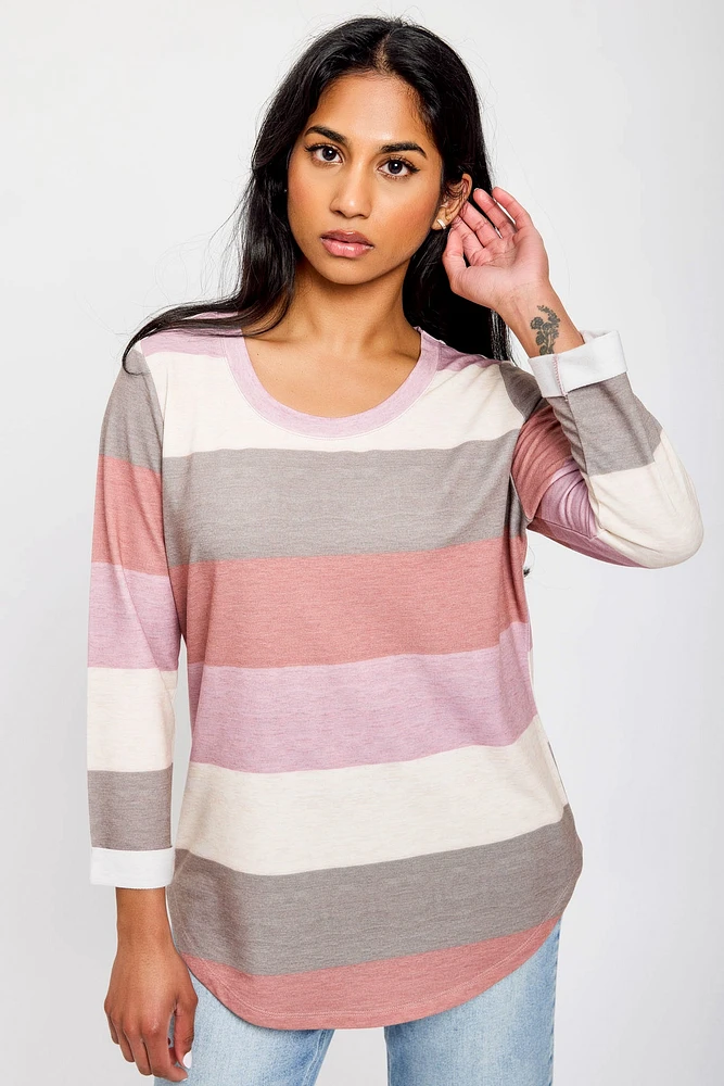 Striped 3/4 Sleeve Scoop-Neck Shirt with Shirttail Hem