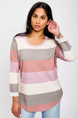 Striped 3/4 Sleeve Scoop-Neck Shirt with Shirttail Hem