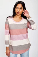 Striped 3/4 Sleeve Scoop-Neck Shirt with Shirttail Hem