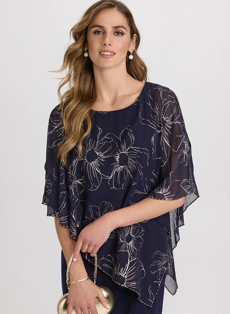 Metallic Floral Capelet Dress