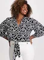Tie-Front Geometric Print Blouse