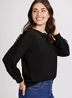 Ruffle Sleeve Rhinestone Embellished Top