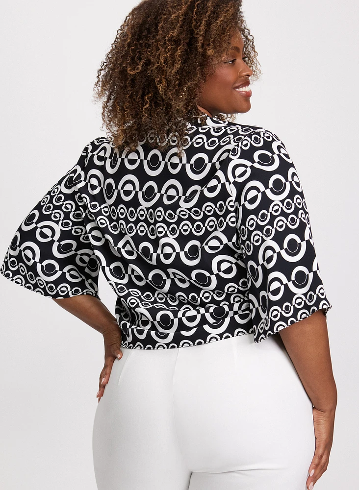 Tie-Front Geometric Print Blouse