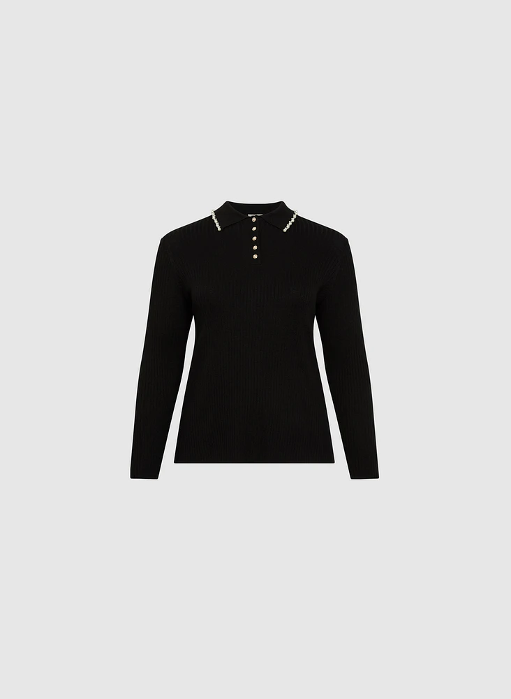 Pearl Trim Polo Sweater