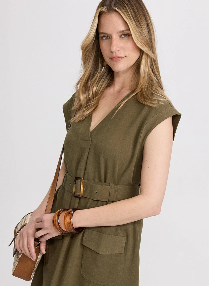 Belted Stretch Linen-Blend Dress
