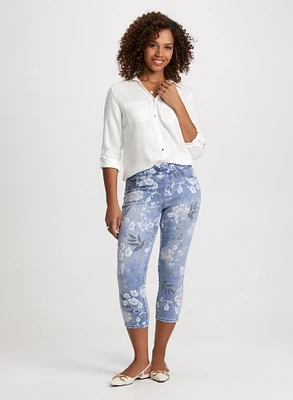Linen-Blend Roll-Up Sleeve Blouse & Floral Pattern Pull-On Jeans
