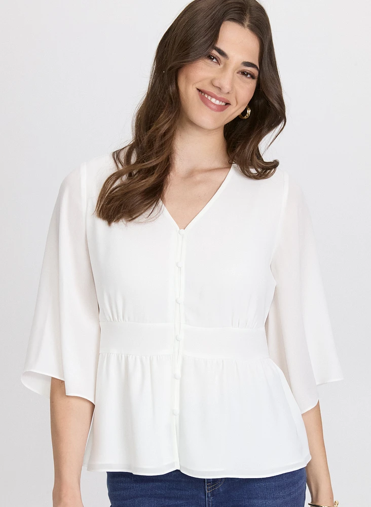 Flare Sleeve Button-Down Blouse