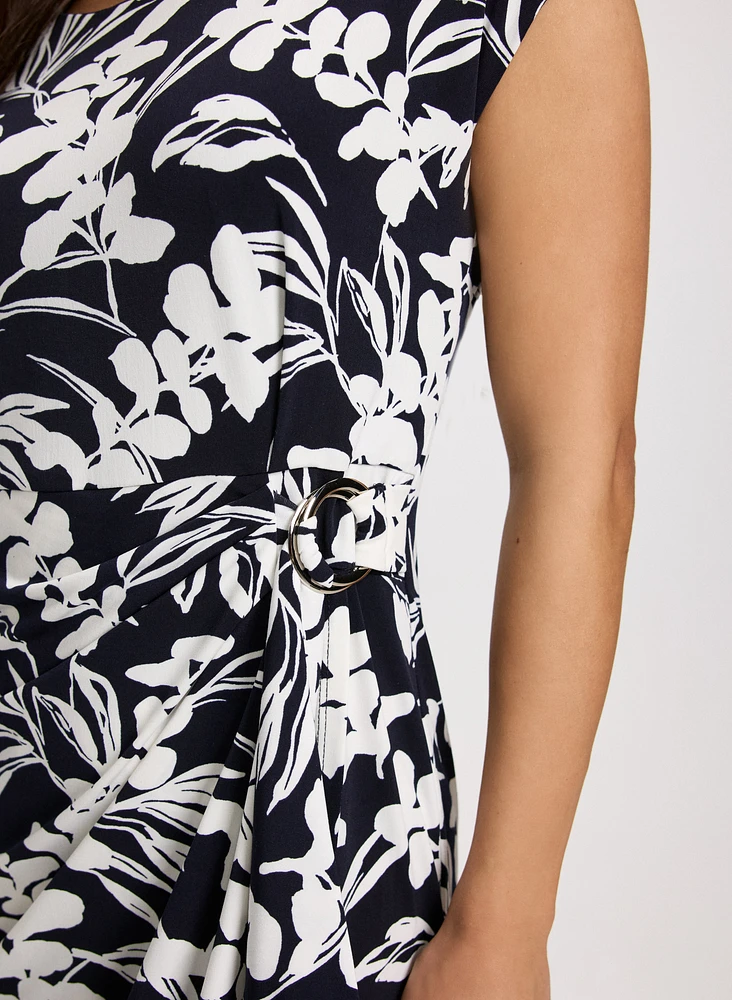 Side-Tucked Leaf Print Dress