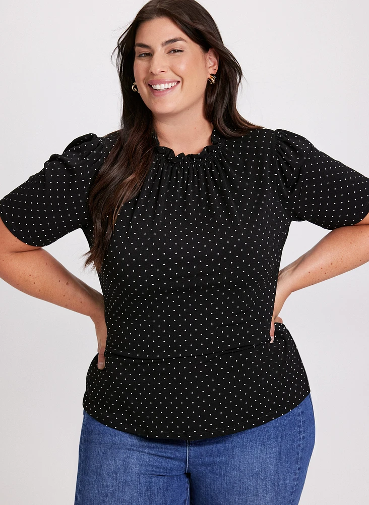 Polka Dot Pleated Mock Neck Top