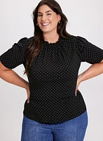 Polka Dot Pleated Mock Neck Top