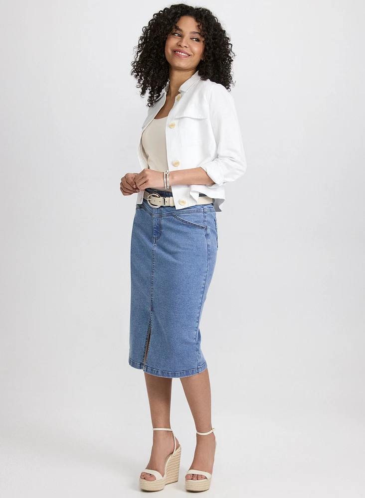 Short Linen Jacket & Denim Midi Skirt