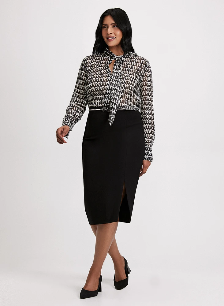 Houndstooth Print Chiffon Blouse