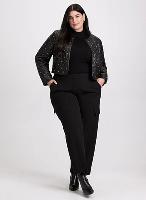 Studded Vegan Leather Jacket & High Rise Flared Leg Jeans