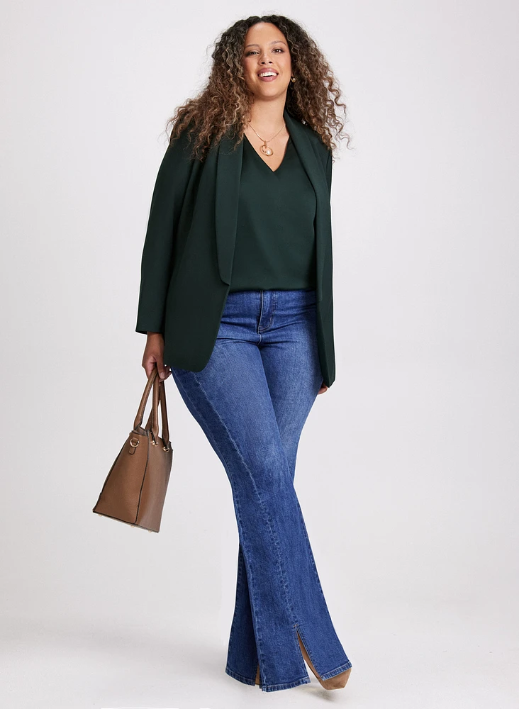 Shawl Collar Jacket & High Rise Flared-Leg Jeans