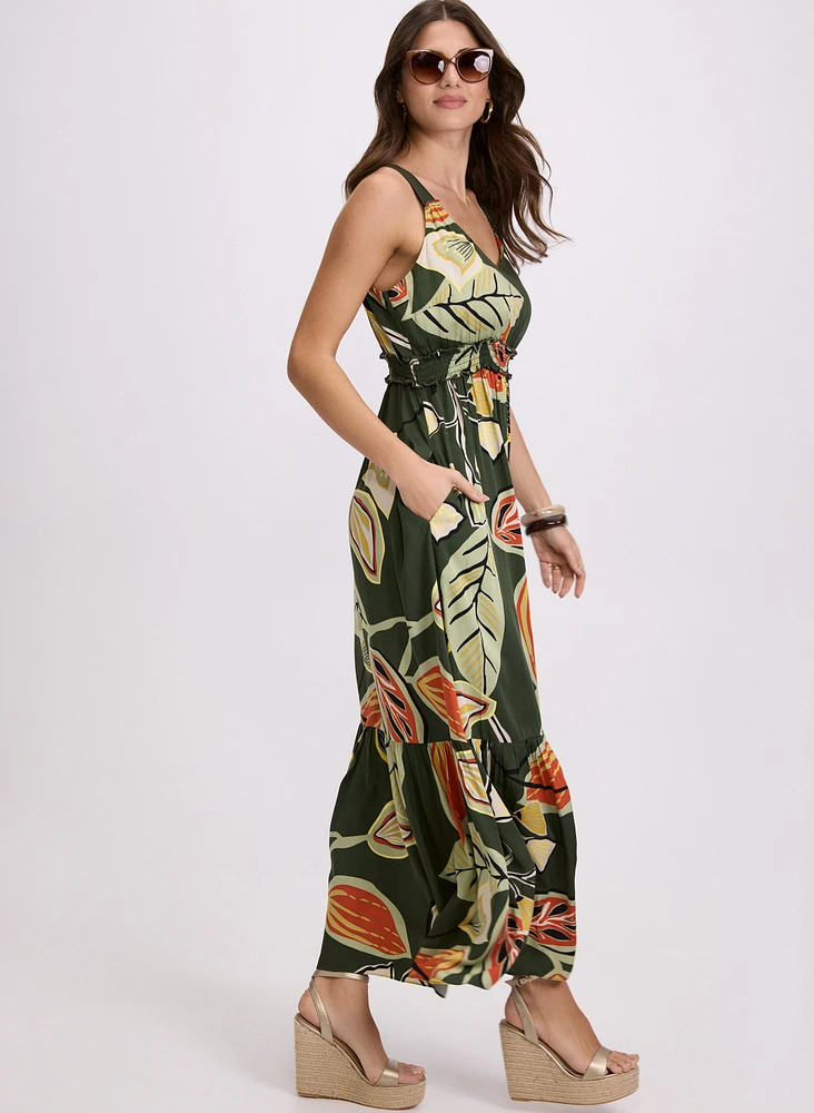 Robe maxi à motif feuilles