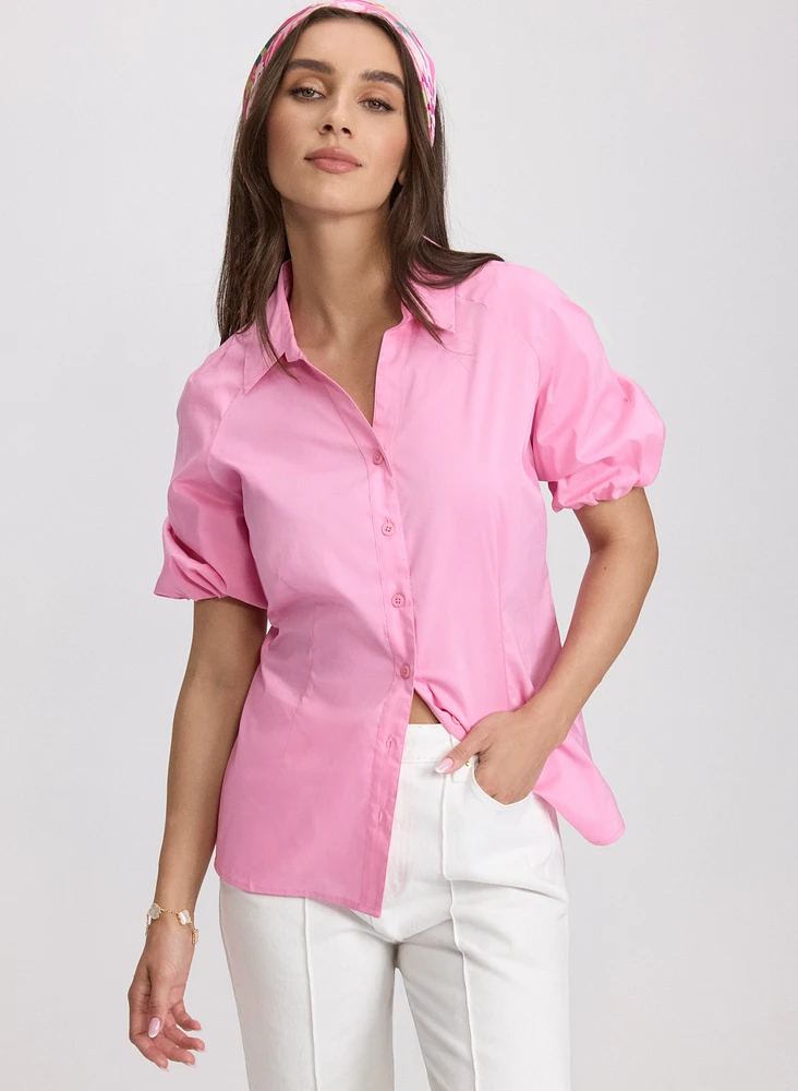 Cotton-Blend Puff-Sleeve Blouse