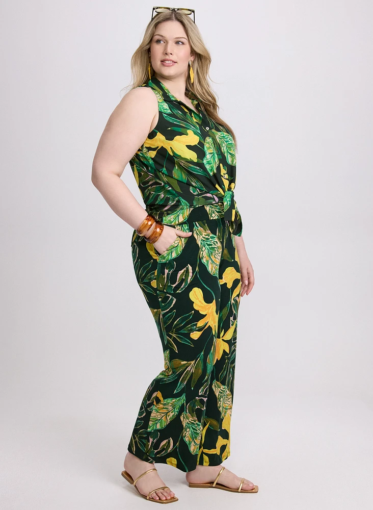 Palm Print Wide-Leg Pants