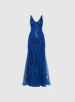Glitter Mesh V-Neck Gown