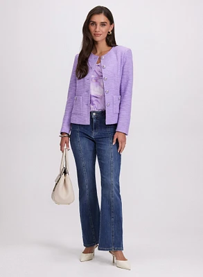 Tweed Button-Down Jacket & Flare Leg Jeans