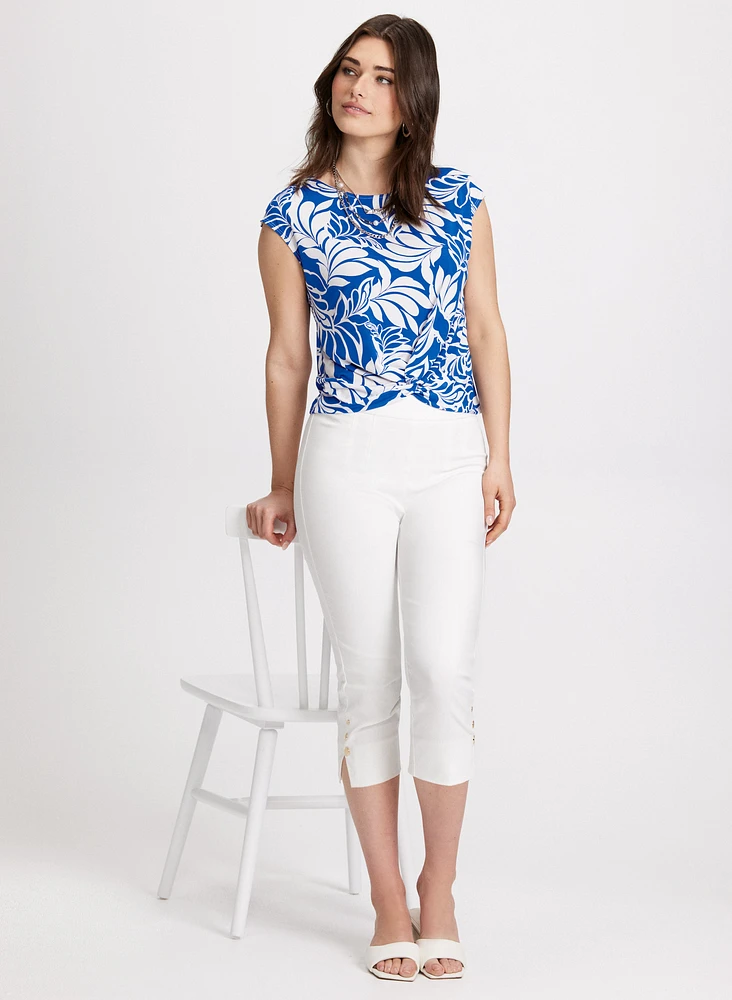 T-shirt à effet noué et motif feuilles