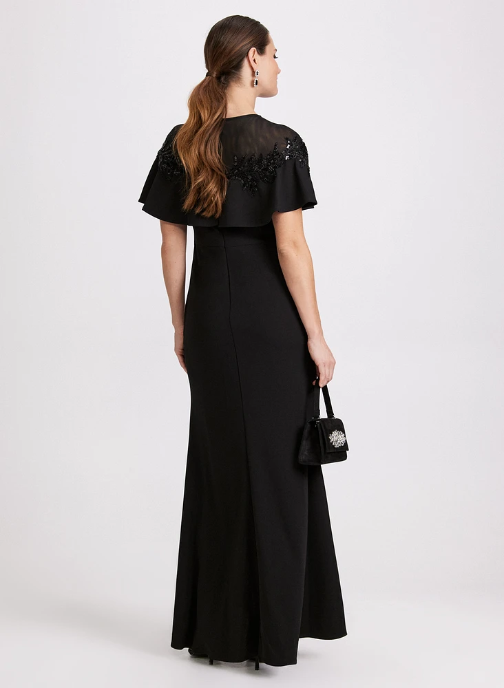 Sequin Embroidered Cape Sleeve Dress