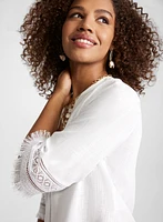 Embroidered Fringe Sleeve Linen Blouse