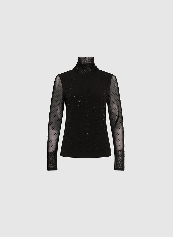 Rhinestone Embellished Mock Neck Top
