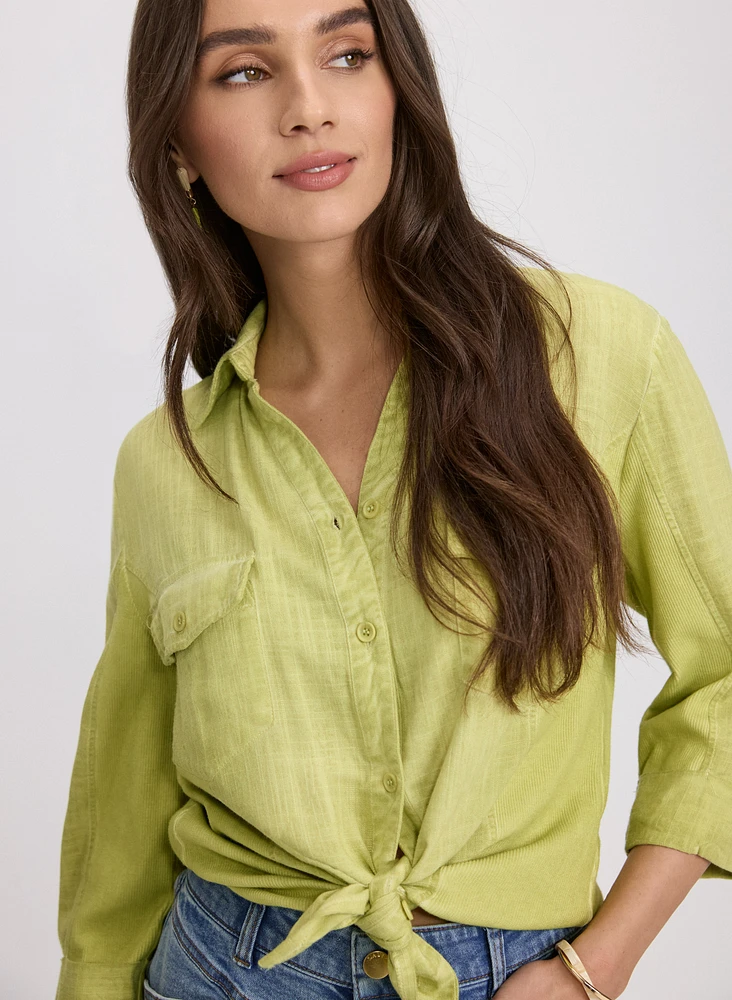 Linen-Blend Crosshatch Detail Blouse